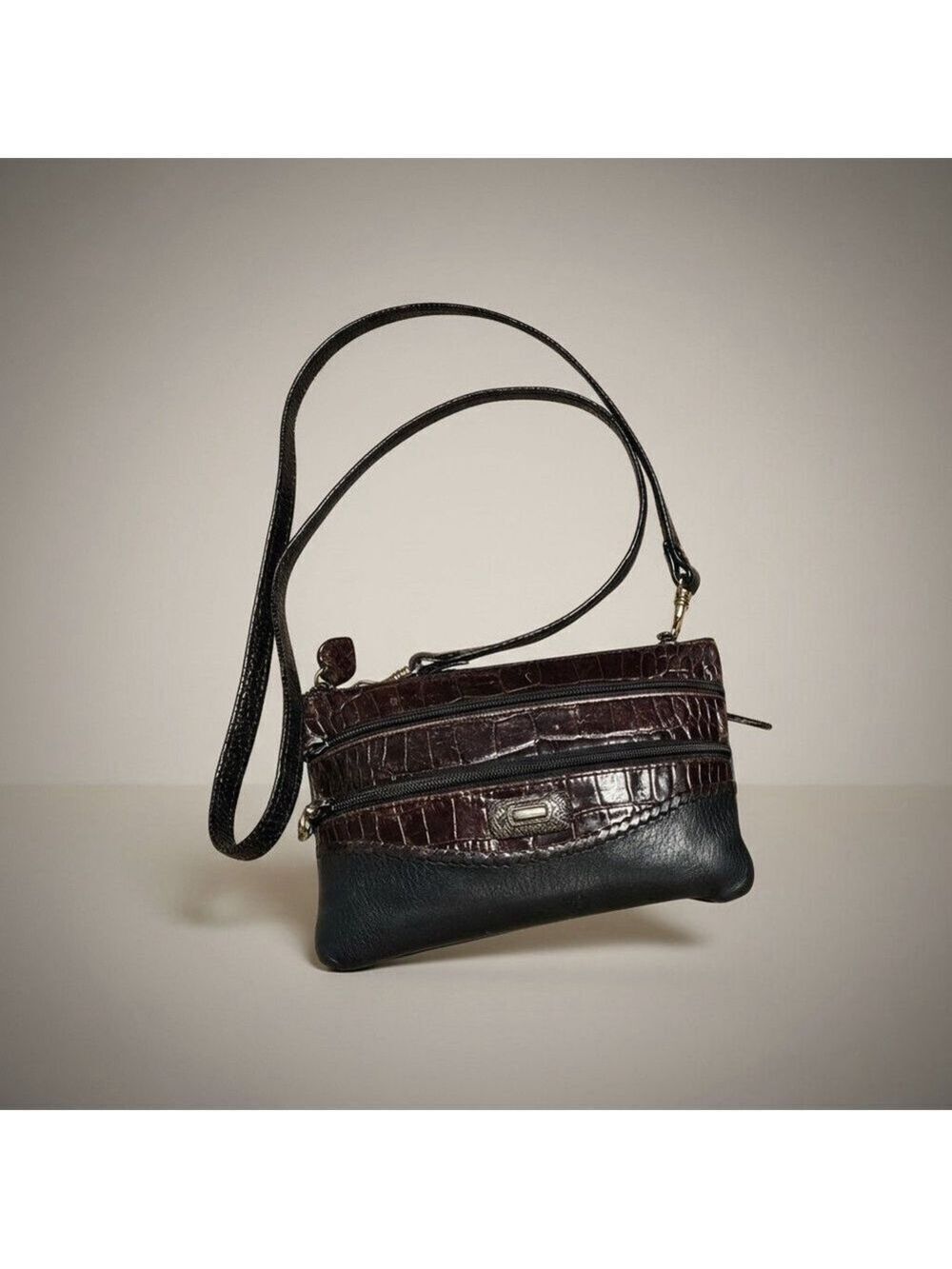 Brighton One Size Black Brown Croc Embossed Leather Crossbody Bag